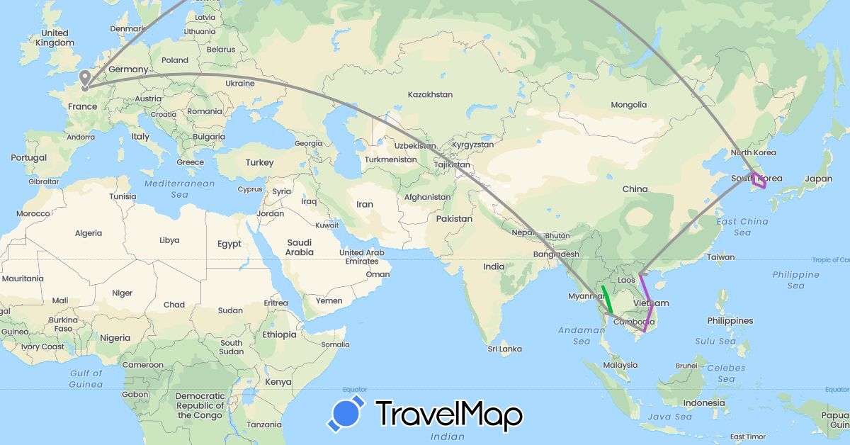TravelMap itinerary: driving, bus, plane, train in France, South Korea, Thailand, Vietnam (Asia, Europe)