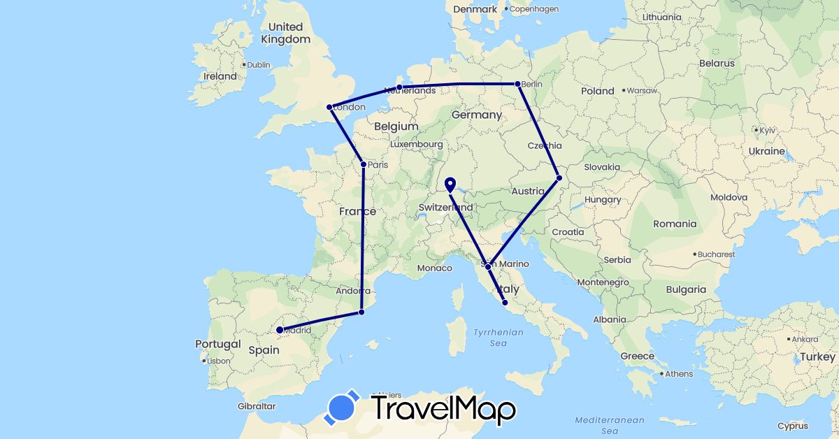 TravelMap itinerary: driving in Austria, Switzerland, Germany, Spain, France, United Kingdom, Italy, Netherlands (Europe)